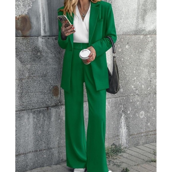 Pretty Garden Pants - Womens Green Pant Suit Set Large Wide Leg Blazer Office Career Business Chic